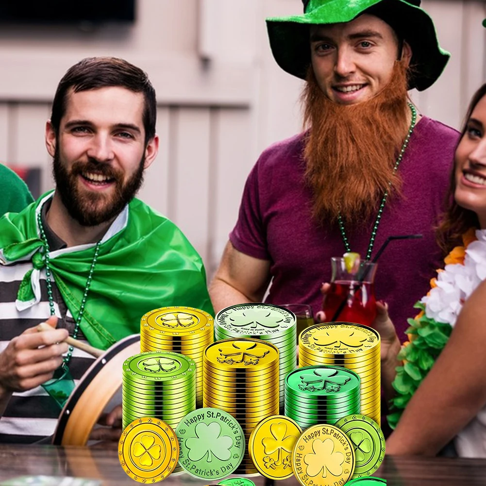 50 قطعة/100 قطعة الأيرلندية الأخضر البرسيم عملة لعبة هدية عيد القديس باتريك عملات محظوظة الأخضر والذهبي عملات محظوظة لديكور عيد القديس باتريك