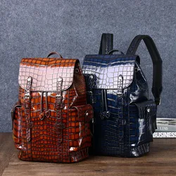 Mochila de couro genuíno masculina, couro de vaca real, padrão crocodilo, casual, grande capacidade, bolsa de viagem, nova