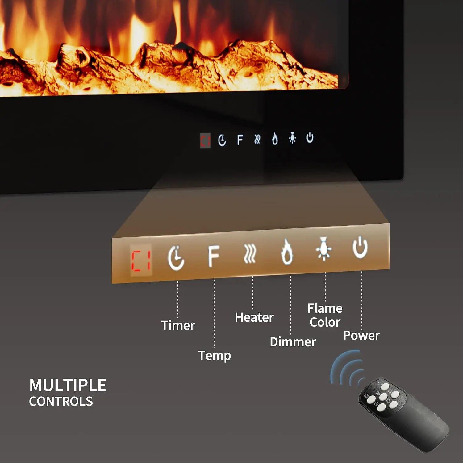 90-Inch Smart Wall Mount/Recessed Electric Fireplace – Remote & Touch, Dual Heat 750/1500W, Multicolor Flame, Timer, Log & Crystal