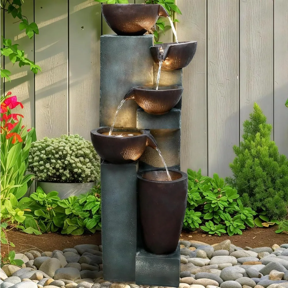 

39.7in.Modern Outdoor Fountain -5-Tier Resin Water Feature, Indoor Outdoor Garden Waterfall Fountain with Contemporary Design&L