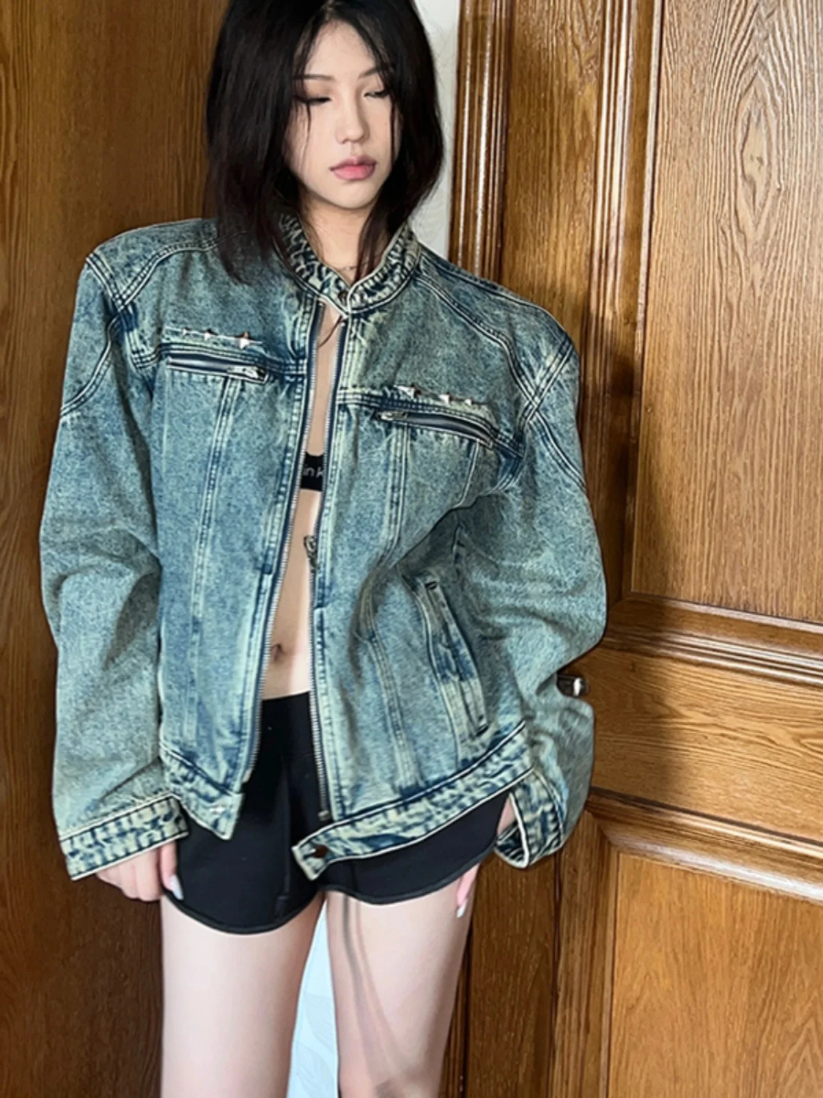 

Ретро-куртка из американского денима для мужчин, весенне-осенняя, в мотоциклетном стиле, Cleanfit, с утепленными плечами