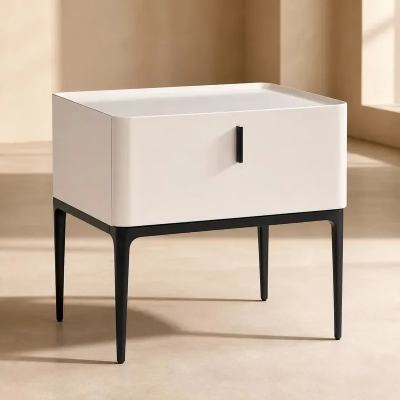Modern Beige Solid Wood Bedside Table with 1 Drawer and Black Rails for Hotel Bedroom Furniture