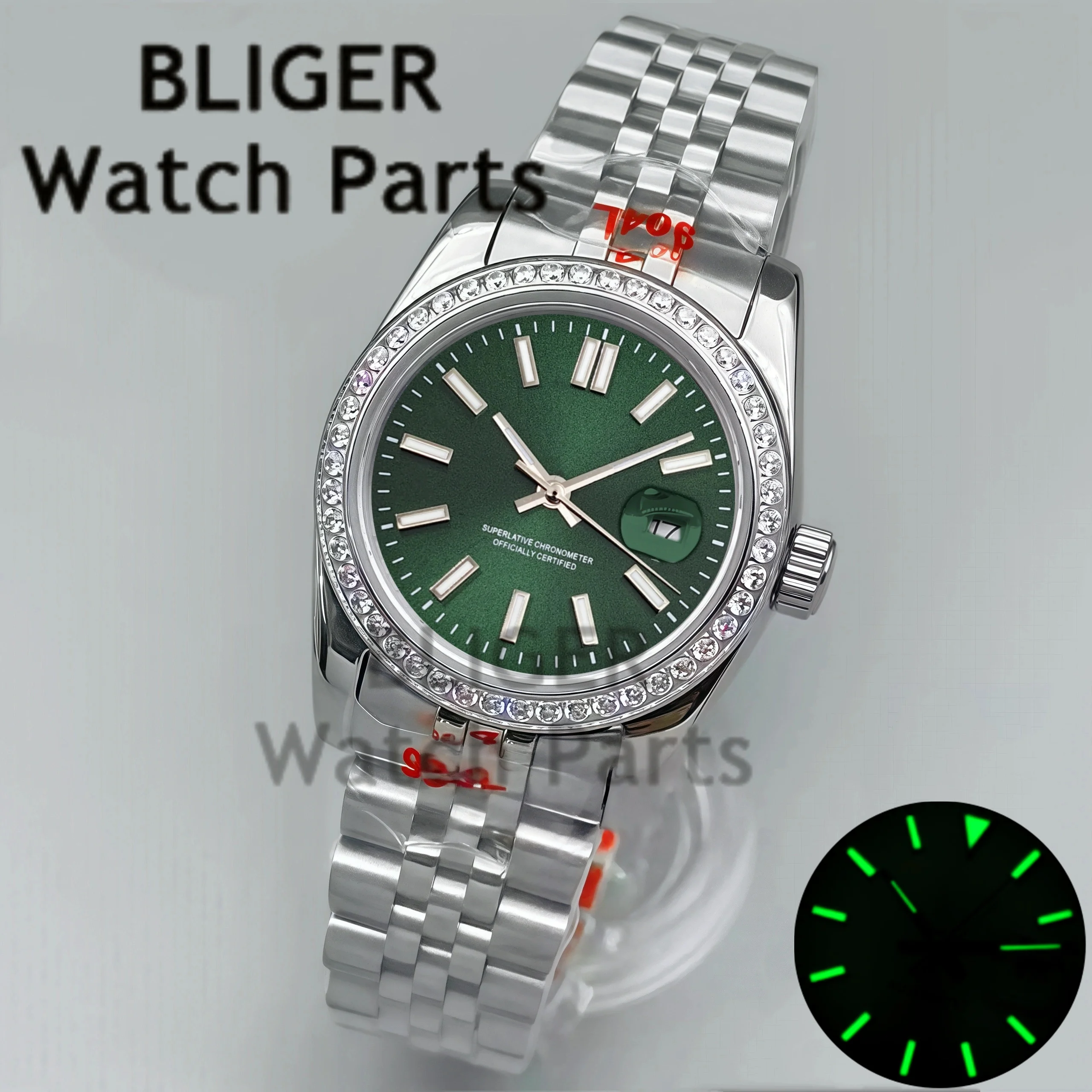 BLIGER 31 مللي متر خاتم غوص ميكانيكي للسيدات ساعة يد فضية وردية قرص فريتيلاري تخزين طاقة مقاوم للماء مع حركة NH05