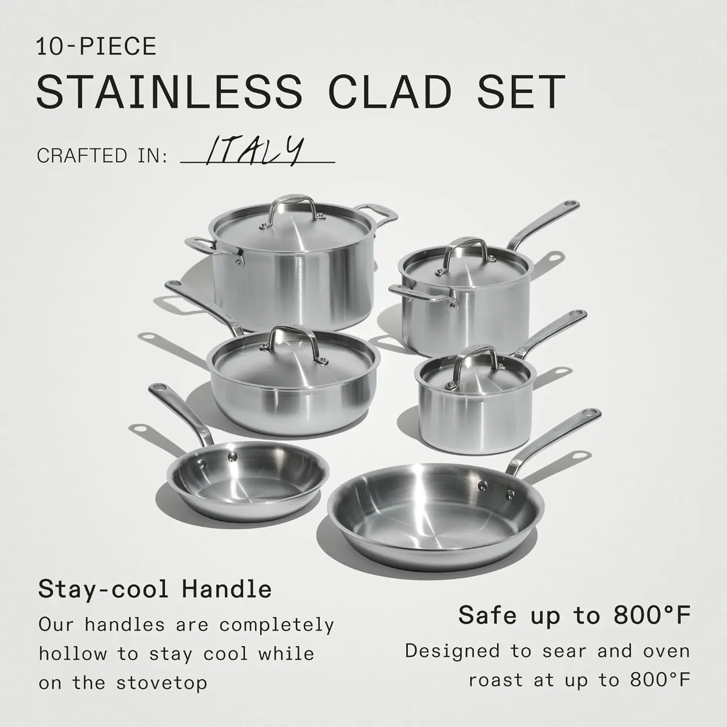 Made In Cookware - 10 Piece Stainless Steel Pot and Pan Set - 5 Ply Clad - Includes Stainless Steel Frying Pans, Saucepans, Sauc