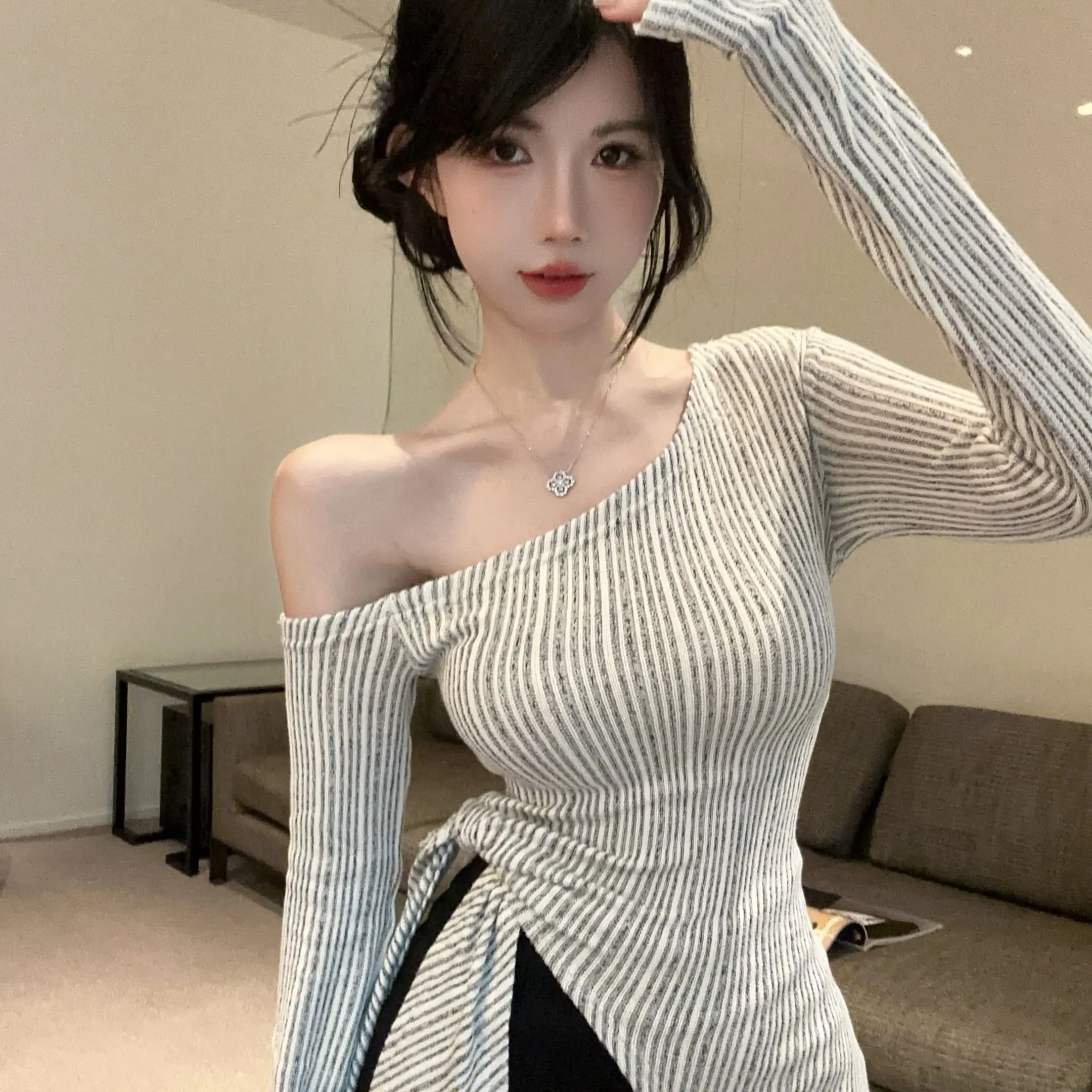 Women Irregular Design Niche Slant Collar Vertical Texture Long Sleeve Knit Sweater Autumn Korean Slim Fit Tie Top