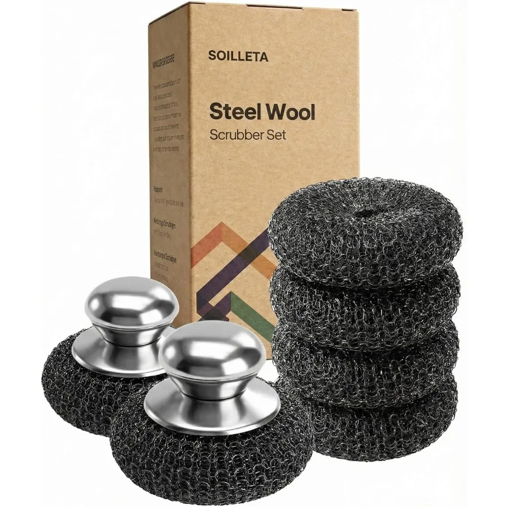 

Eight Steel Wool Scrubbers with Two Handles Rust Resistant Heavy Duty for Cast Iron Grill Pots