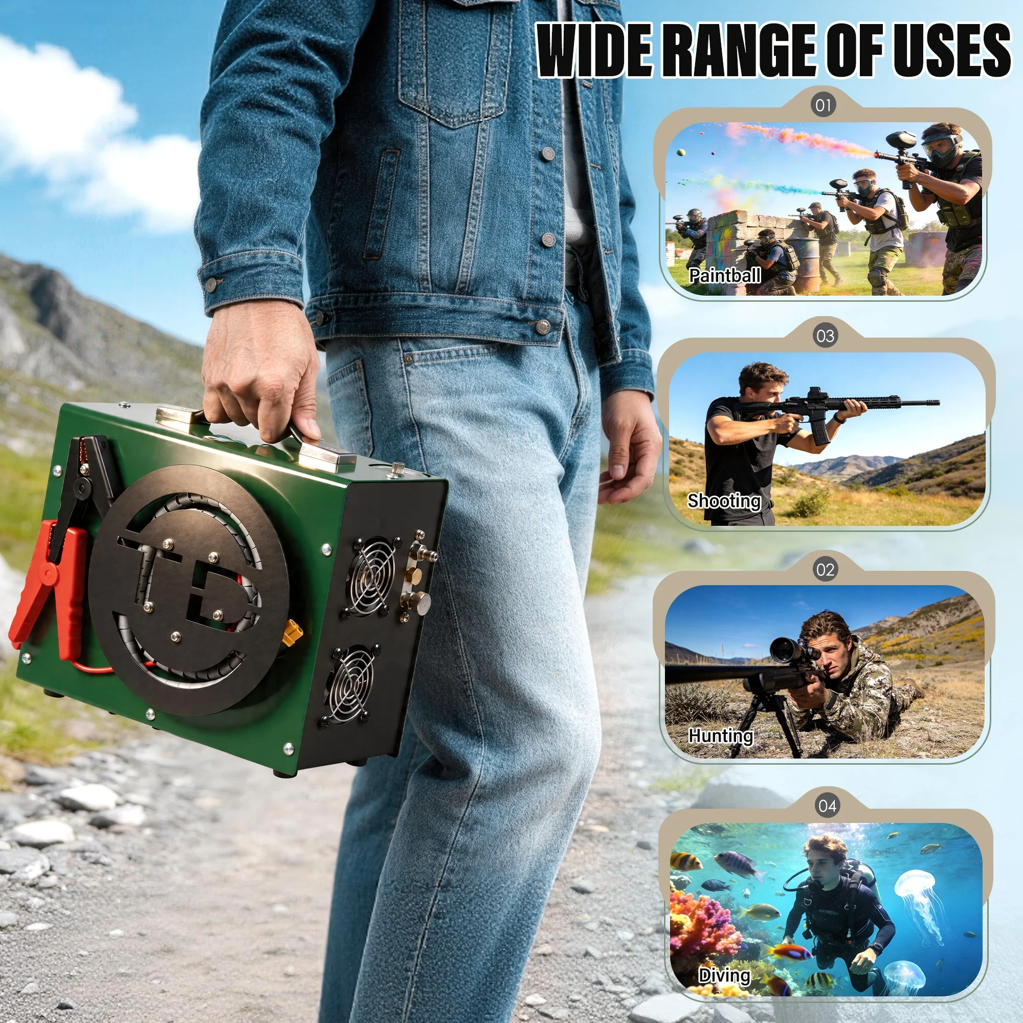 TUXING Portable DC Wire Spool Design 4500psi/300bar/30mpa 220V Swimming Auto Shutdown 12V Hunting Paintball PCP Air Compressor