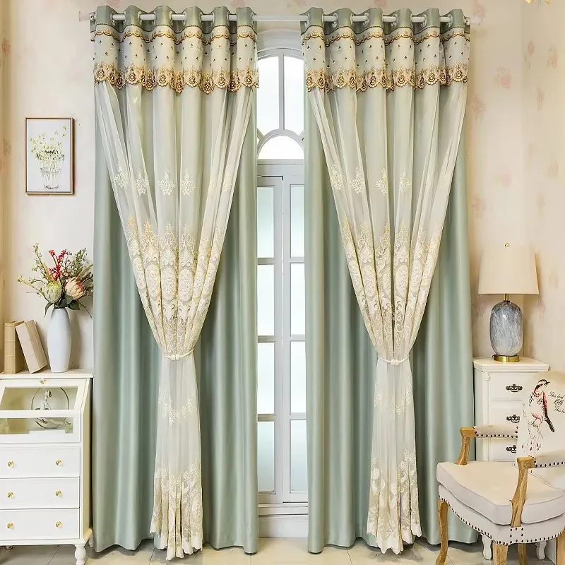 Embroidery Double Layer Curtains for Living Room Bedroom Lace Window Screen Integrated  French Window Balcony Curtains Customize