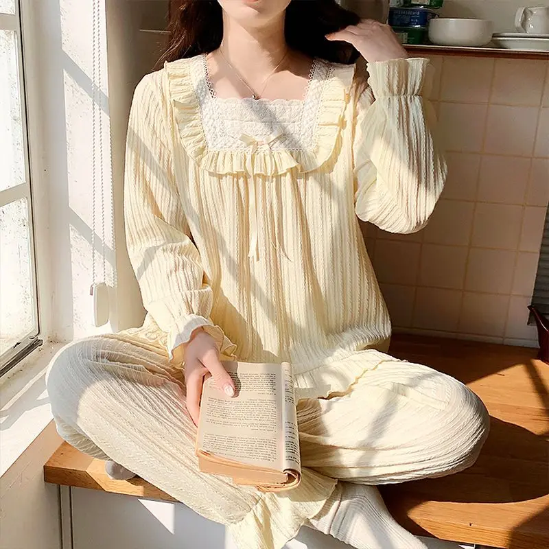 

2025 Autumn Sweet Lace Princess Long Sleeve Cotton Pajama Sets for Women Korean Sleepwear Pyjamas Homewear Pijama Mujer Clothes