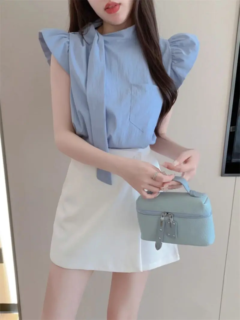 Summer Retro French Tie Bow Design Chiffon Shirts Solid Color Sweet Short Pleated Shirt Tops All-match Korean Women Clothing