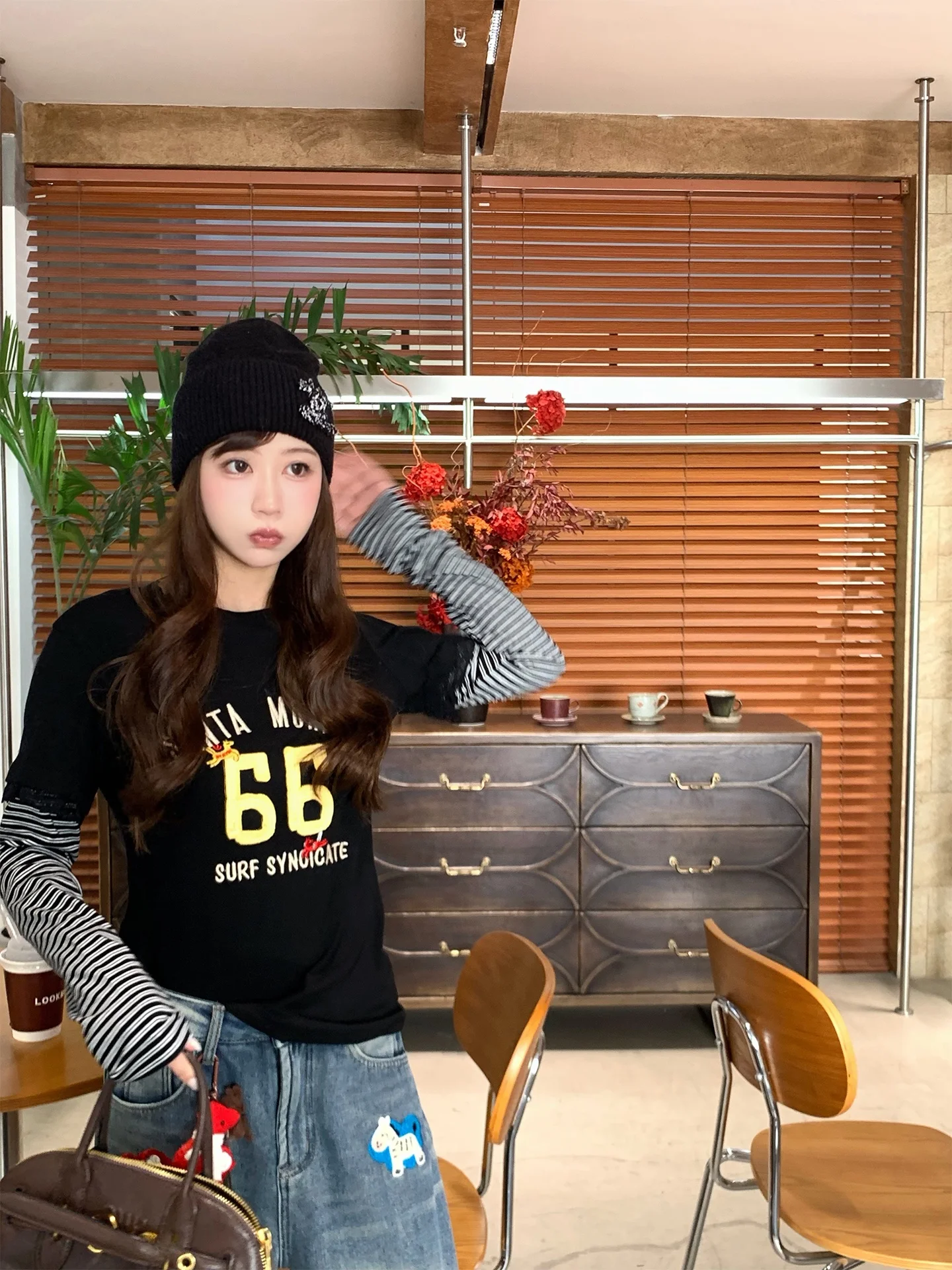 

Женская футболка Xueke Bla 66 с длинными рукавами и полосками, имитация двухслойного дизайна, повседневный модный топ для похудения