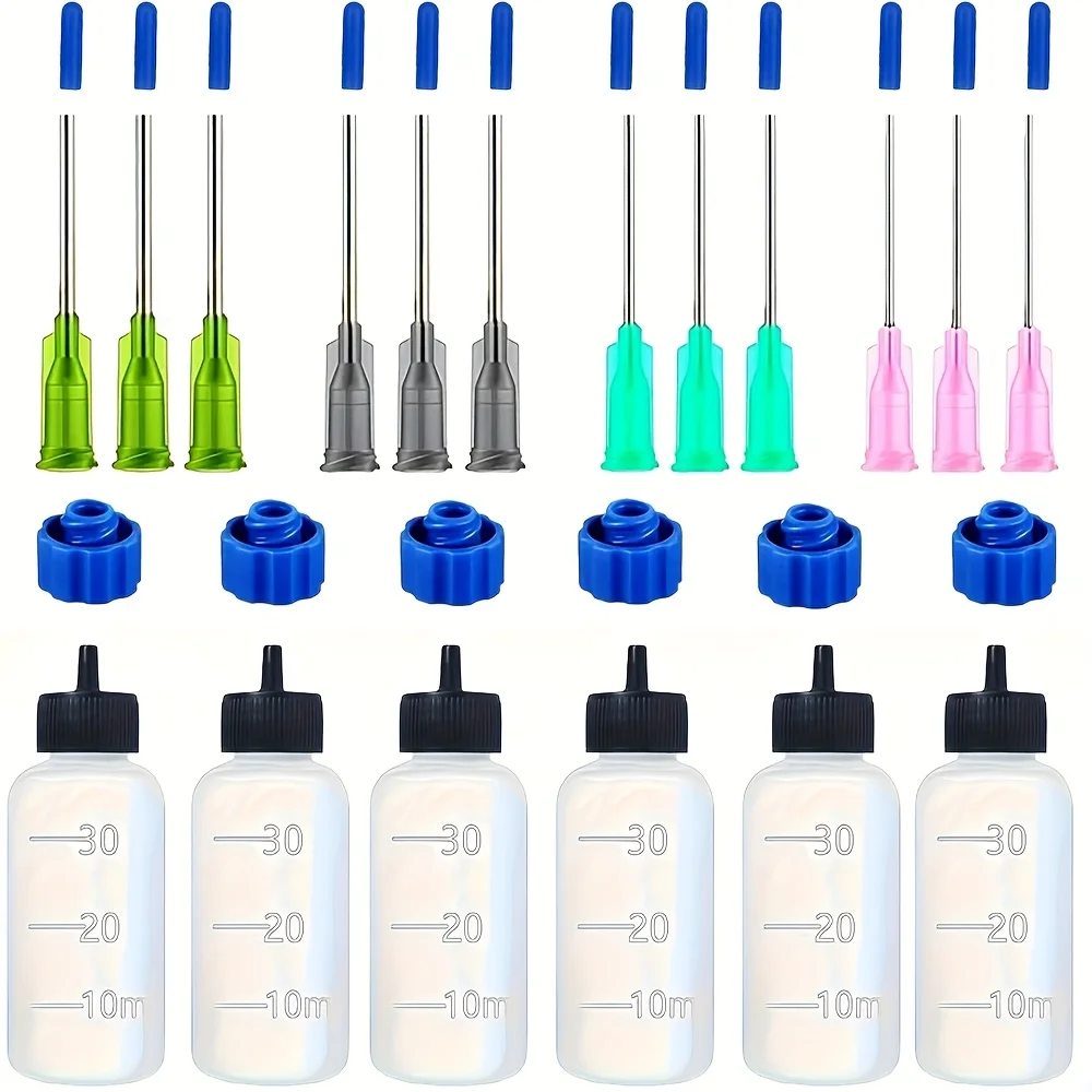 6-teiliges Set mit spitzen 30-ml-Präzisionsflaschen – Squeeze-Tropfflaschen aus Kunststoff mit mehreren stumpfen Nadeln