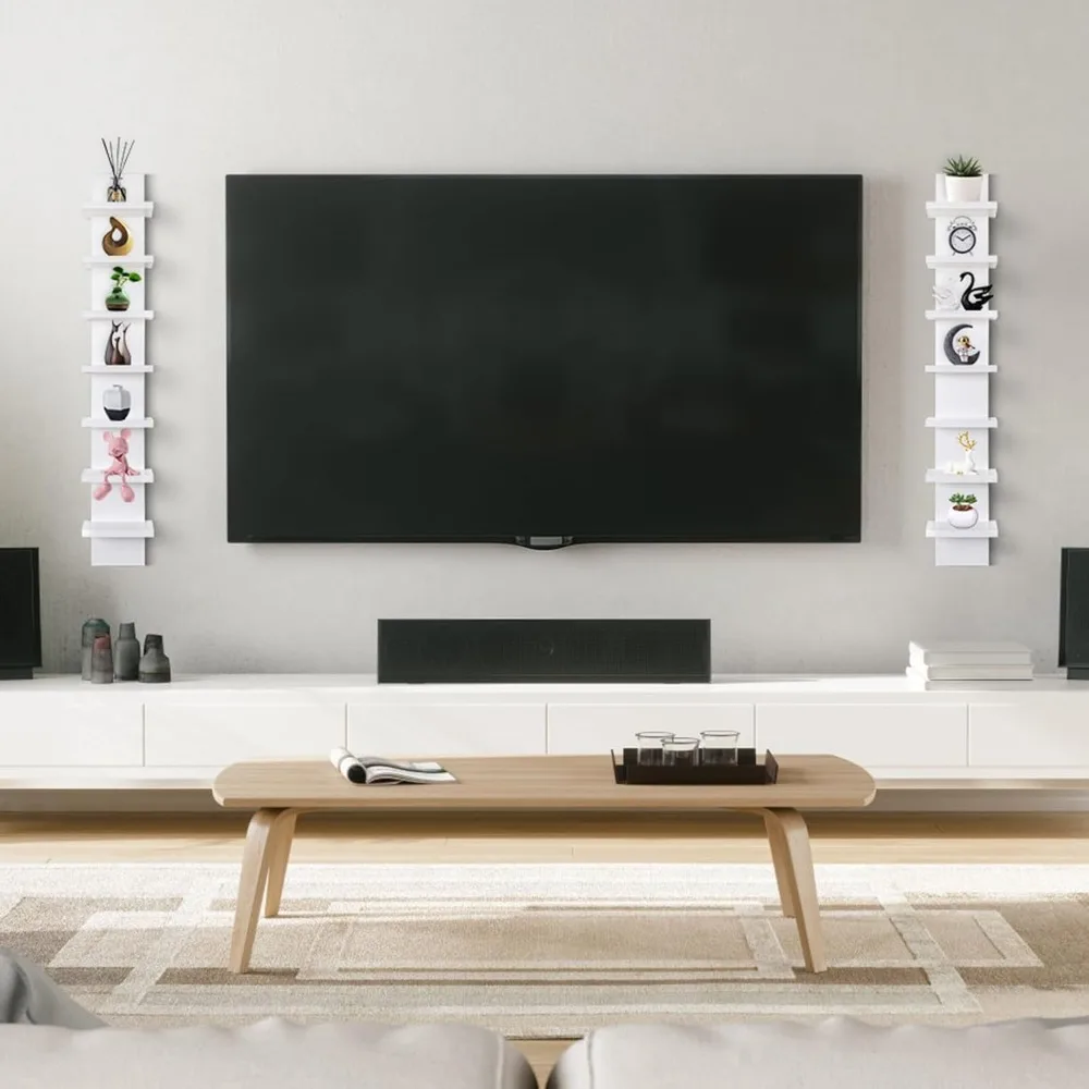 Étagère murale verticale étroite blanche à 7 niveaux pour décor et rangement, affichage peu encombrant pour petits espaces