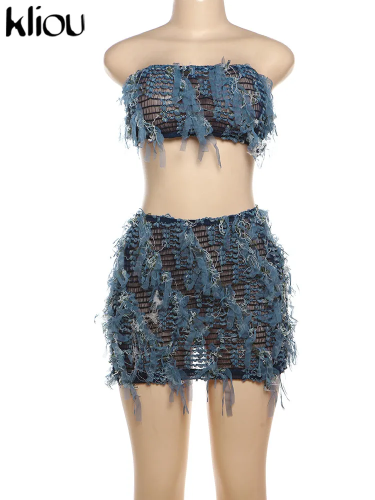 kliou Stacked Crochet 2 Piece Set Women Panelled Patchwork Wrapped Chest Crop Tanks+Sheer Slim Mini Skirts Female Street Outfits