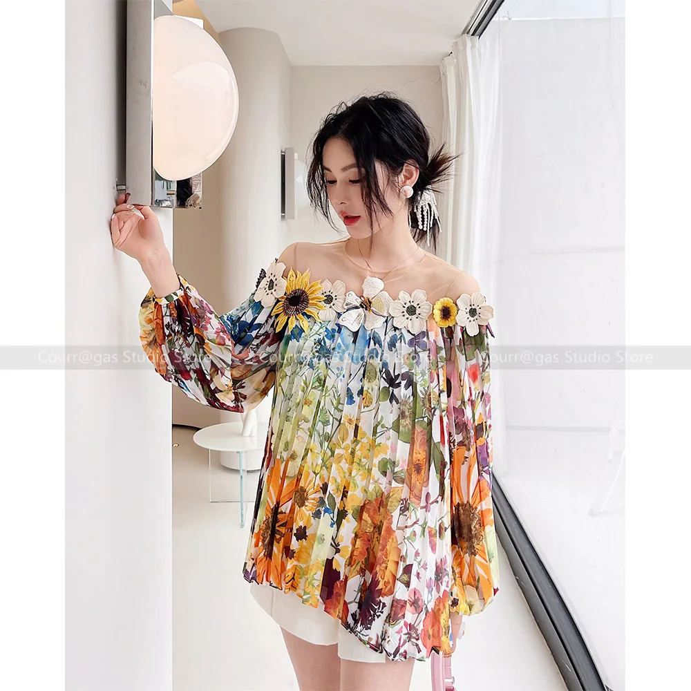 

Heavy embroidered three-dimensional floral patchwork neckline strapless pressed pleated printed blouse blouse