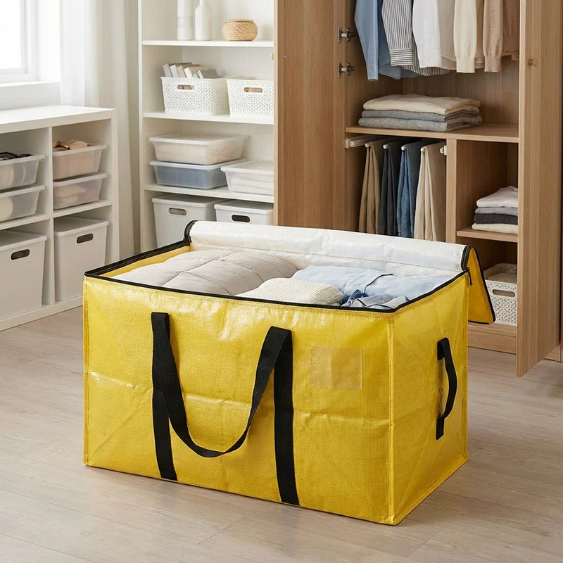 Extra Large Yellow PE Woven Storage Bag Foldable Closet Organizer Bin with Zipper for Blanket Garment Bedroom Home Storage
