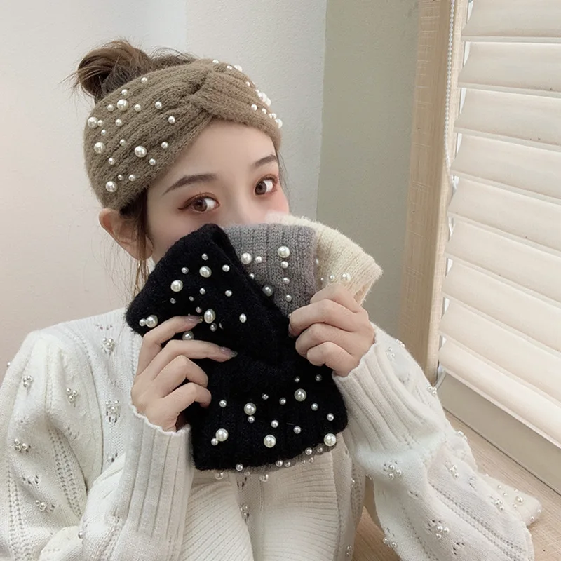 Cold Prevention in Autumn Winter Knitted Yarn Headband Wide Brimmed Headband Pearl Inlay Versatile Trend Hair Accessory Hat