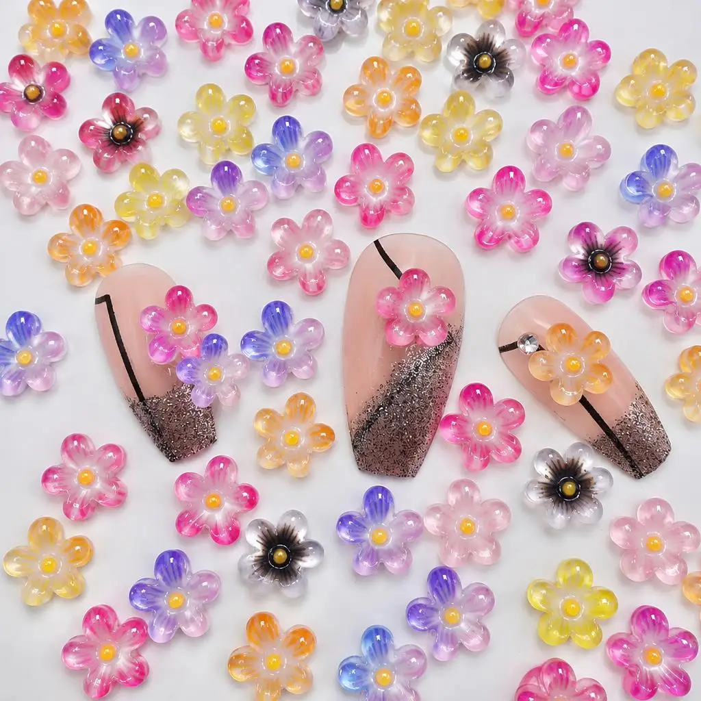 50Pcs Gradient Color Five-Petals Flower Nail Charms 3D Translucent Resin Floral Nails Decoration DIY Manicure Salon Accessories