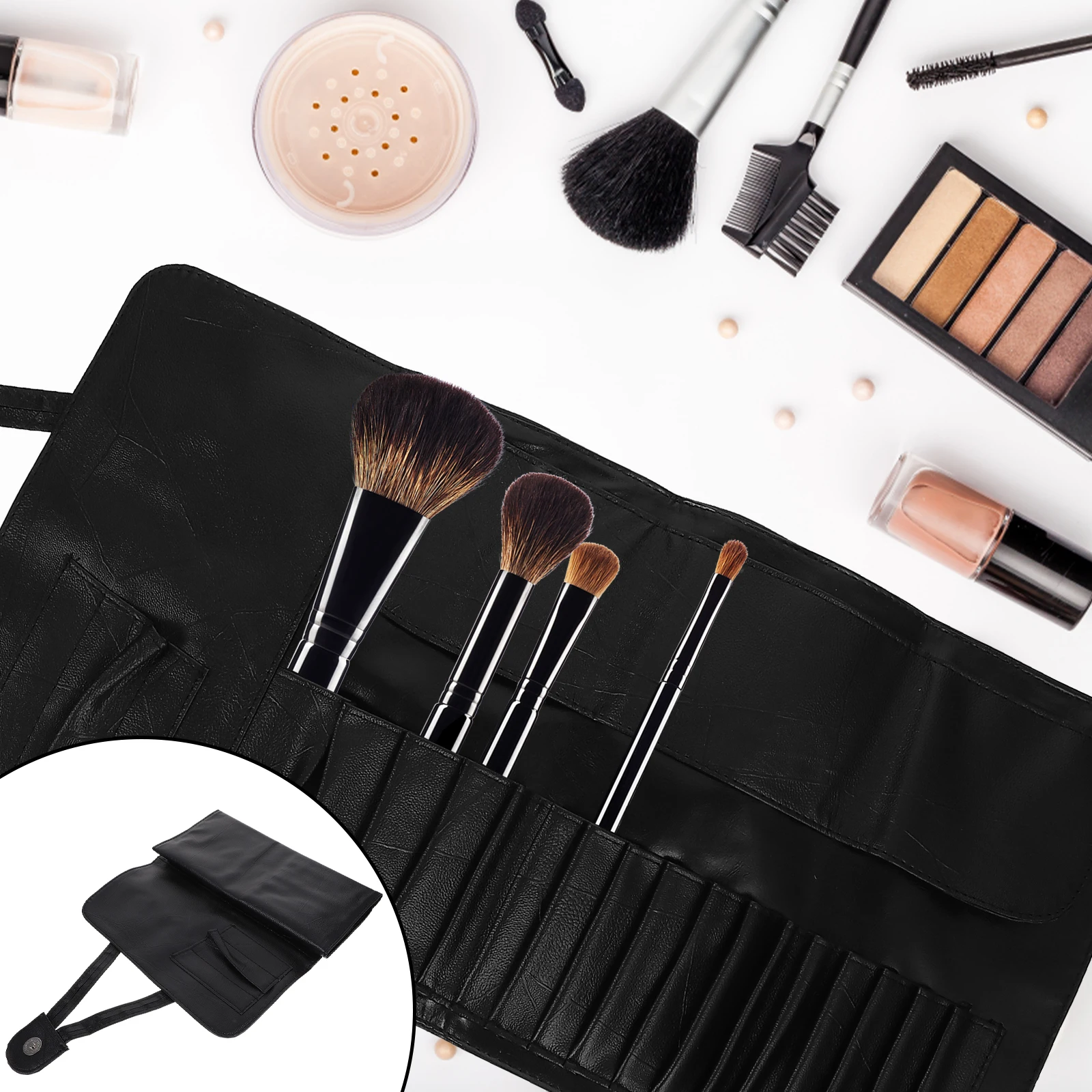 

18 Makeup Brush Storage Bags PU Roll Up Case Travel Vanity Holder Cosmetics Tool Organizer Black Lightweight Durable