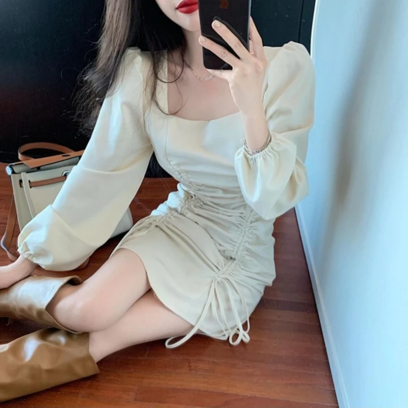 Black Bodycon Korean Style Puff Sleeves Women's Long Sleeve Dresses Plain Hot Sensual Sexy Elastic One-piece Y2k Female Dress