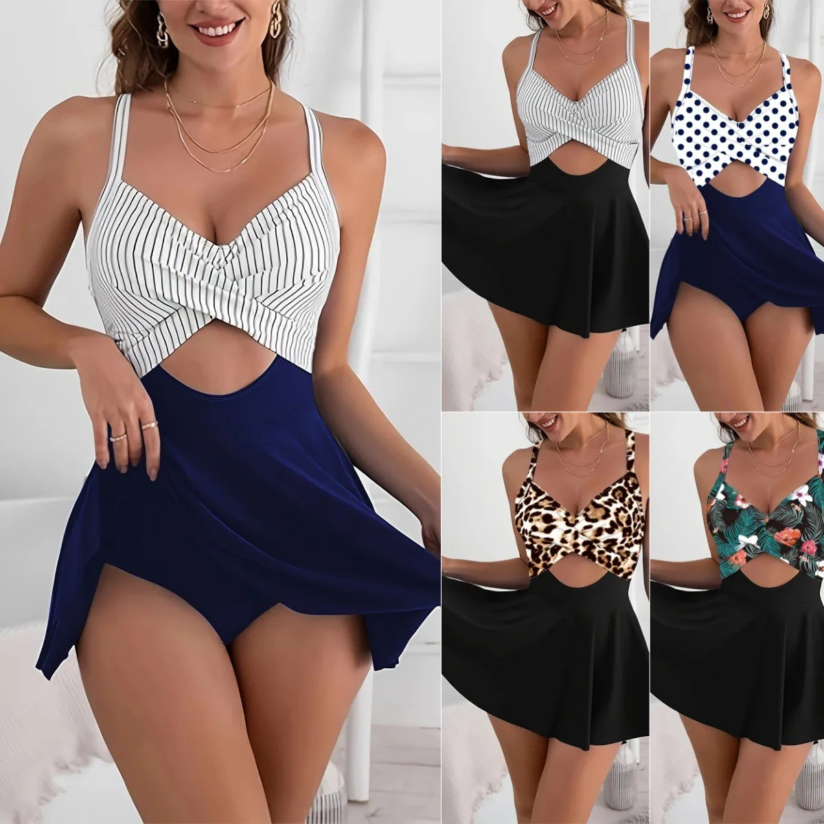 Traje de Baño Tankini para Mujer, Top Tankini Cruzado con Tirantes Ajustables, Escote en V, Falda de Cintura Alta, Conjunto de Tankini, Traje de Baño Modesto