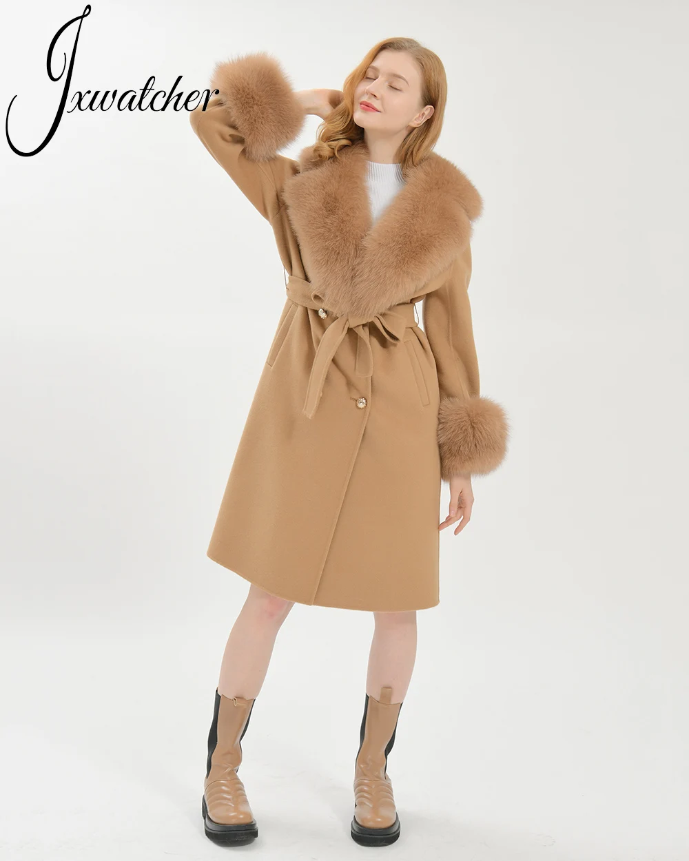 Women's Double Faced Cashmere Coat With Luxury Real Fox Fur Collar Cuffs Winter Autumn Ladies Slim Long Wool Trench Outerwear