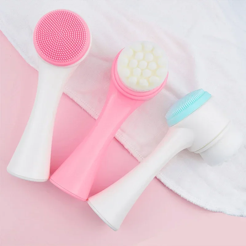 แปรงซิลิโคนสบู่ล้างหน้าสองด้านแบบพกพาขนาดเล็ก3D ทำความสะอาดใบหน้าการสั่นสะเทือนนวดล้างหน้าเครื่องมือดูแลผิว