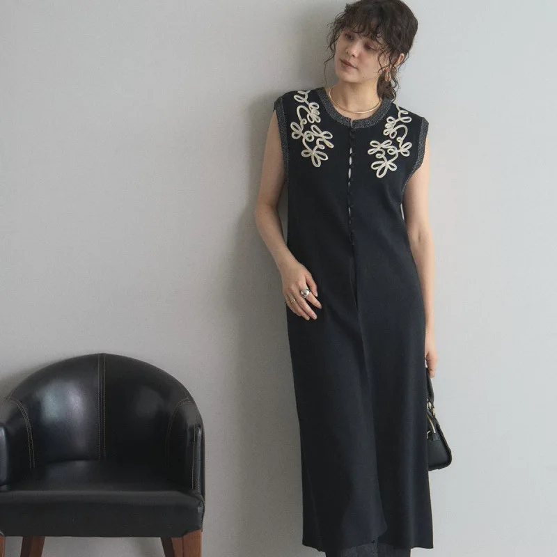 Summer Casual Sleeveless O-neck Embroidery Long Vests Women Loose Split Knitted Tank Tops Female Decorative Vest 2026