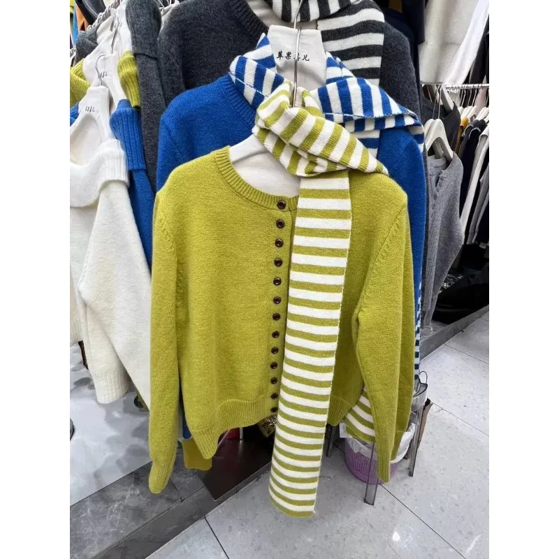 

Новинка 2023 года, осенняя одежда, полосатый шарф, вязаный кардиган, женский свободный свитер с круглым вырезом, куртка