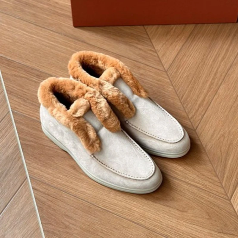 أحذية النساء الكاحل فراء الأحذية أزياء النساء أحذية جلدية بدون كعب شقة 2025 أحذية الشتاء عالية الجودة مريحة الصوف الثلوج