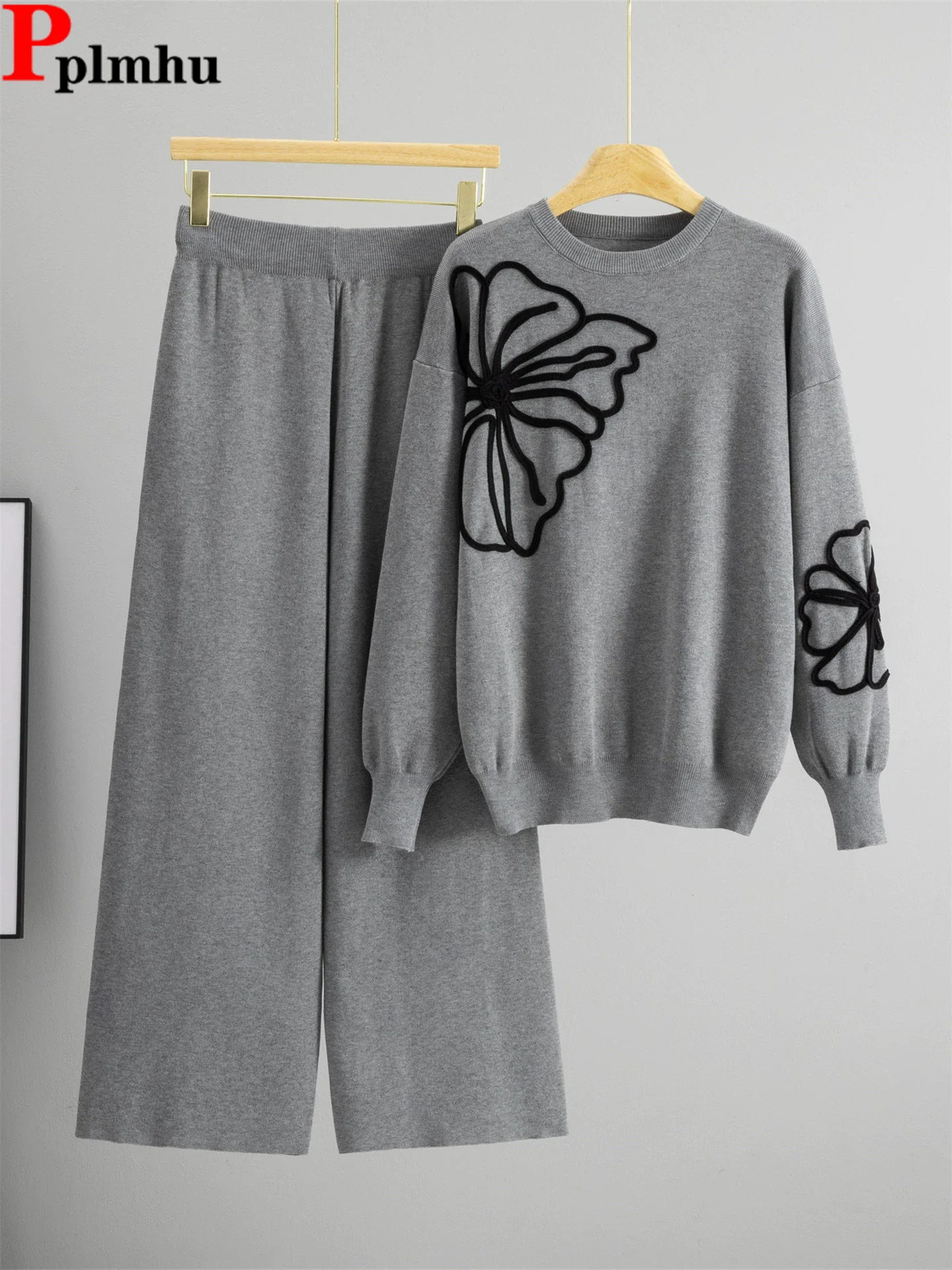 

Women Elegant Knitted 2 Piece Sets Korean O-neck Long Sleeve Sweater Pullover Tops Conjuntos High Waist Straight Pants Outfit