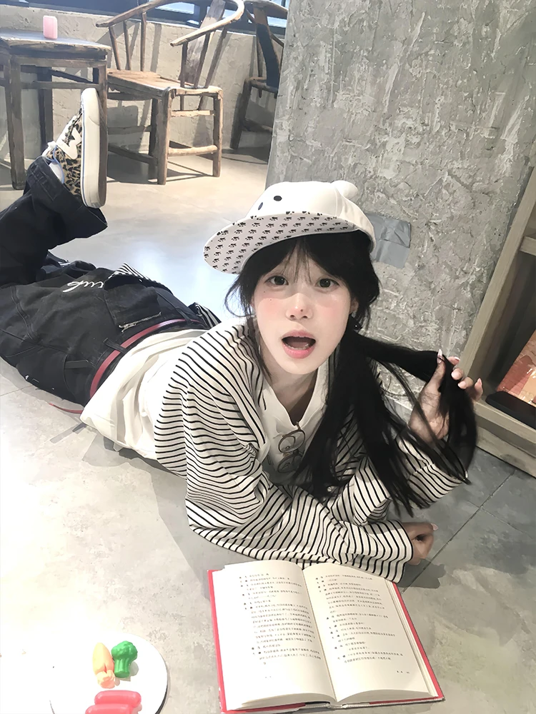 الرجعية الأمريكية مخطط طويل Sve تي شيرت المرأة فضفاضة عادية الخريف قاعدة طبقة علوية القطن النسيج النقي oulder الإدراج