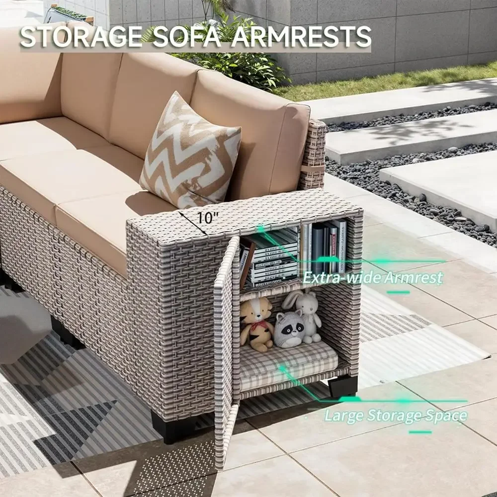 7-Piece Outdoor Patio Furniture Set with Fire Pit, Sectional Sofa with Glass Coffee Table, Wicker Couch in Khaki