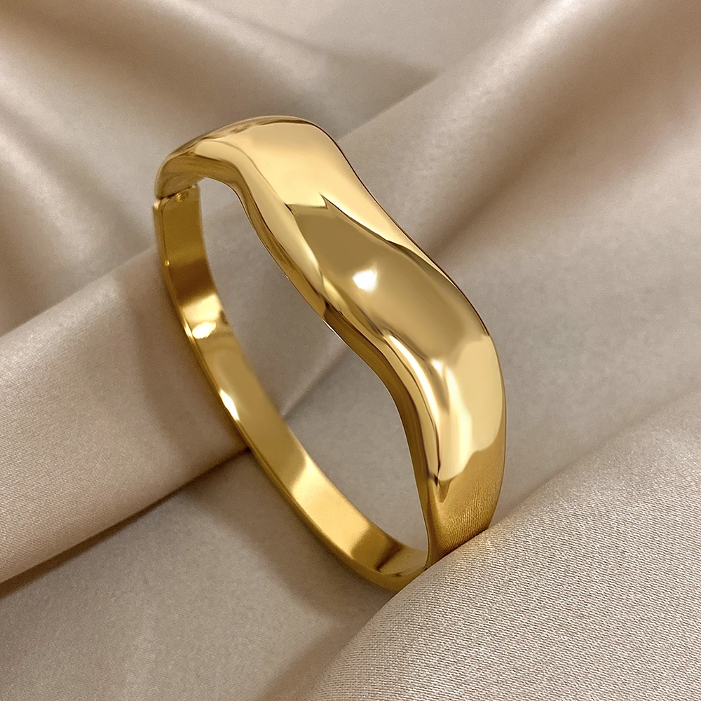 Trendy Irregular Wave Stainless Steel Spring Bangle for Women Waterproof Smooth Wide Open Bangle Cuff Bracelet Lady Jewelry Gift