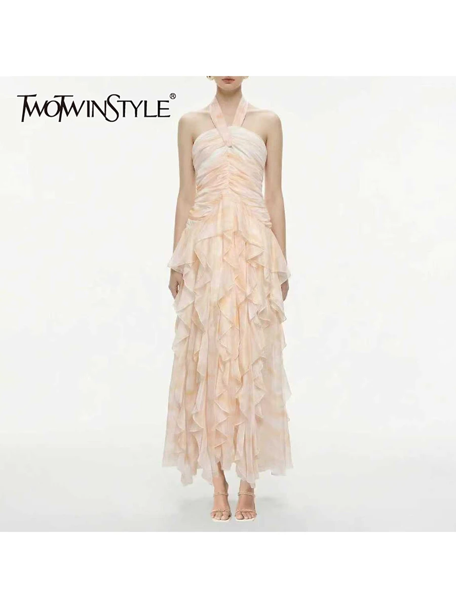 

TWOTWINSTYLE Patchwork Folds Print Dresses for Women Halter Sleeveless High Waist Slimming Long Dress Female Fashion Clothing