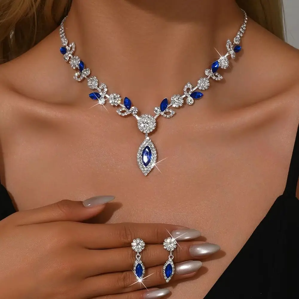 クリスタルネックレスイヤリング 3 点セット菱形フリンジ鎖骨チェーン気質誇張された高級ラインストーンジュエリー