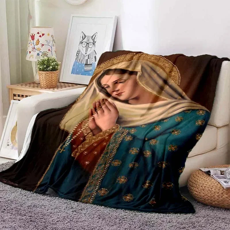 Virgin Mary Flannel Blanket Fluffy Lightweight Fleece Throw Blanket Comfort Soft Warm Baptism Cozy Nursery Bedding Decor Bedroom