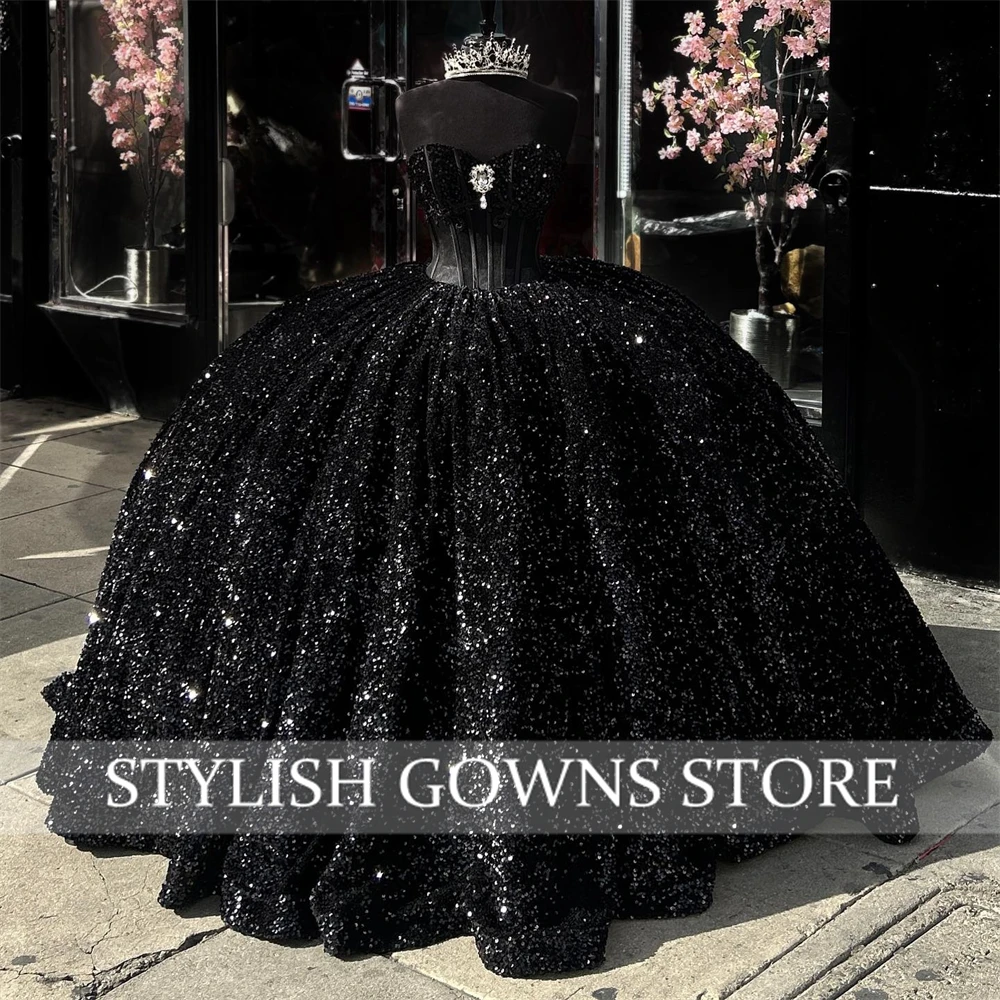 Preto Sequined Sweetheart Ball Gown Vestido Quinceanera Para Meninas Crystal Beaded Birthday Party Vestidos Prom Personalizado