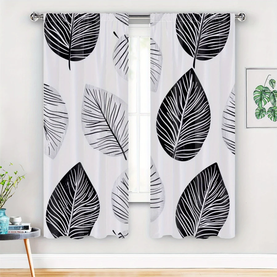 2PCS Digital Printed Curtains, Black White Leaf Shadow Pattern, Stylish Window Treatment for Living Room Bedroom Decor