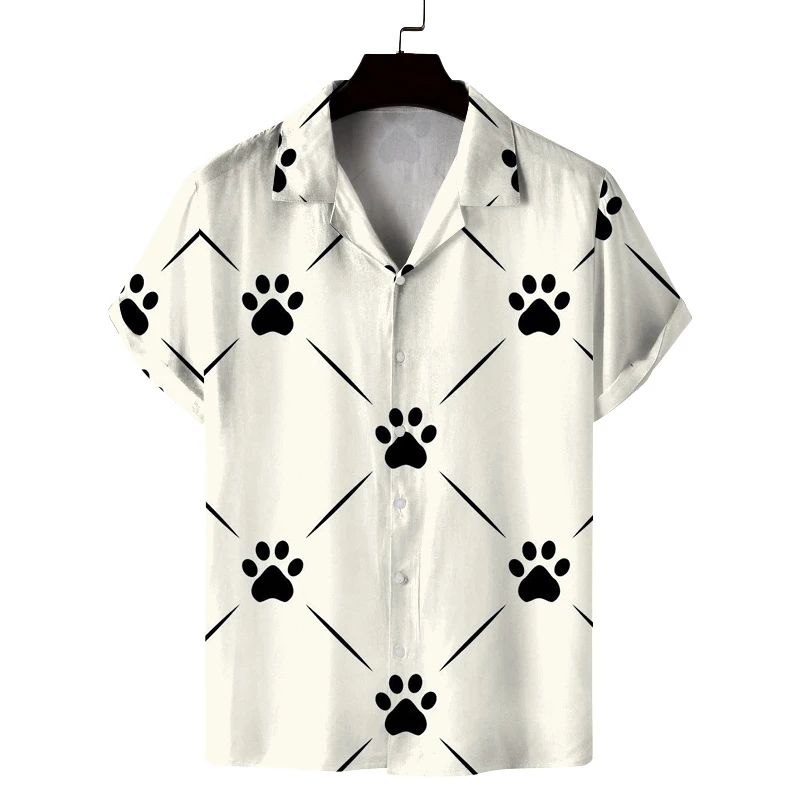 

Men's summer Cuban collar short-sleeved shirt personalized fashion dog paw print shirt casual comfortable breathable