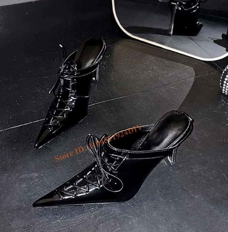 90Mm Metal Heeled Black Cow Leather Lace Up Slip On Pumps Pointed Toe Women Stiletto Pointed Shoes High Heels