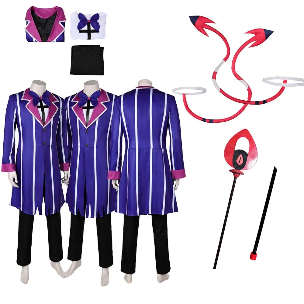 Alastor Cosplay Costume Hazbin Purple Coat Pants Fantasia Walking Stick Adult Men Suit Halloween Carnival Party Disguise Suit