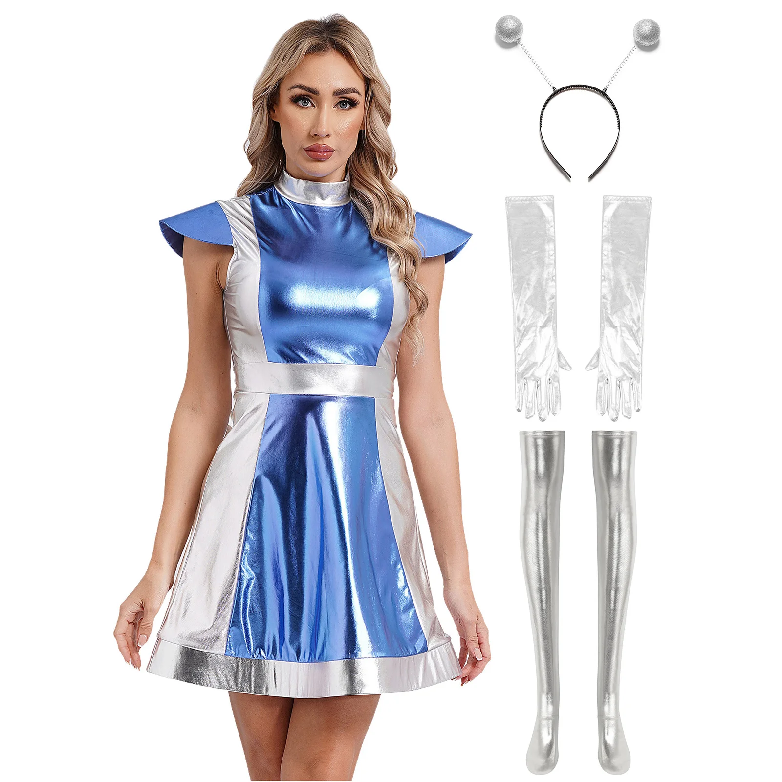 

Women Theme Party Space Fighter Alien Astronaut Dress with Hair Hoop Long Gloves And Stockings Set Halloween Cosplay Outfits