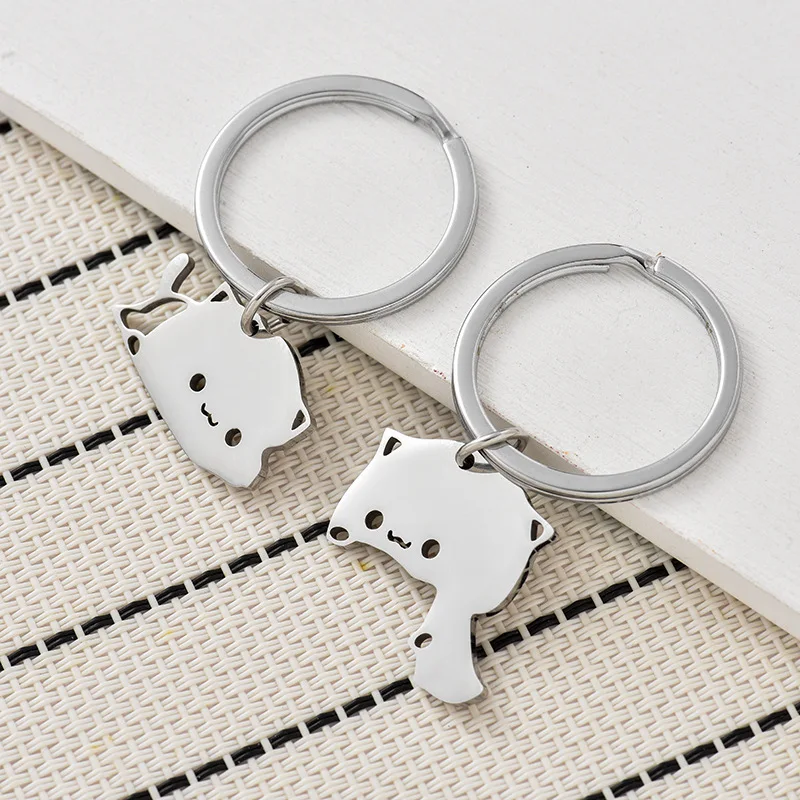 Cute Matching Cat Keychain Couple Stainless Steel Key Ring Lovely Animal Key Chain Pendants Lovers Valentine\'s Day Gift Jewelry