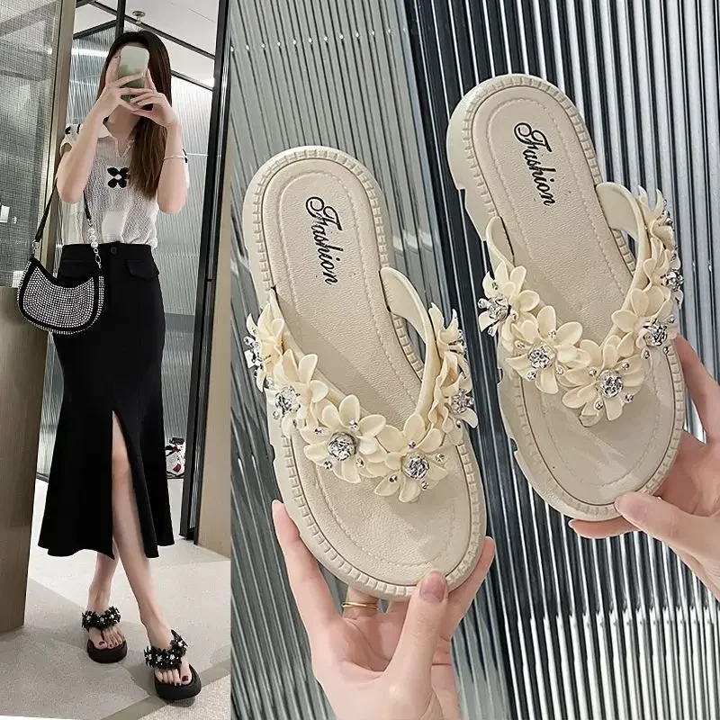 Summer 2024 Thick Slides Crystals Women's Slippers and Ladies Sandals Platform White Shoes Height Rhenstone Flip Flops Jewels F