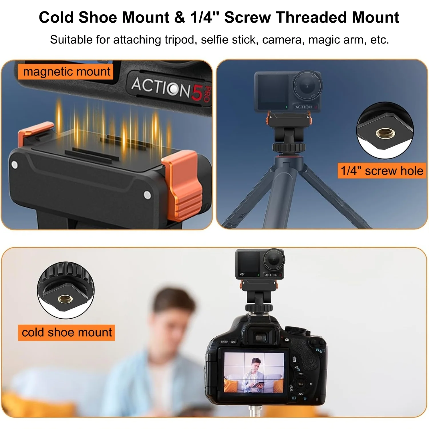 حامل كاميرا الحذاء البارد مع قاعدة توسيع محول التثبيت السريع المغناطيسي 1/4 بوصة لملحقات DJI Osmo Action 5 Pro/4/3 #3