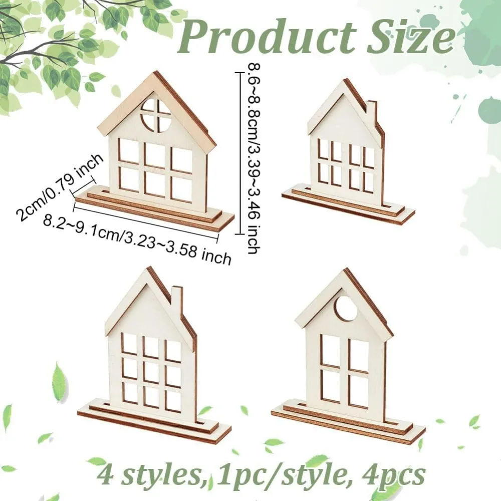 4 Sets Wooden House Shaped Ornaments 4-Style Unfinished Wooden House Shaped Blocks Wood Color Rectangle Board House Board Roof