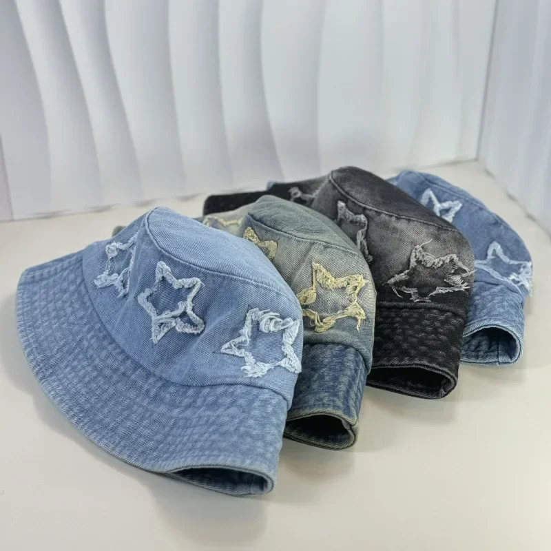 

2025 new pentagram patch gradual change denim bucket hat ladies sweet retro street versatile bucket hat women bonnet caps ladies