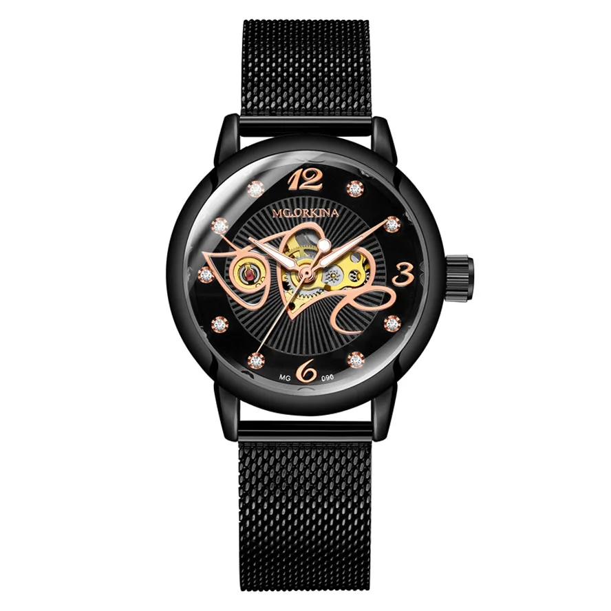 Reloj Mujer Women Automatic Mechanical Watch Luxury Brand Leather Ladies Watch Rhinestone Skeleton Wristwatch Senhoras Assistir