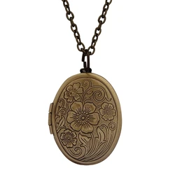 634C Oval Picture Locket Necklace Photo Lockets Pendant Clavicle Chain Brass Engraved Flower Necklace Jewelry